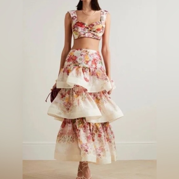 ZIMMERMANN Tiered floral-print linen and silk-blend gauze midi skirt - Picture 2 of 8